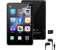 96GB MP3 Speler met Bluetooth en WiFi - Android 13 Muziekspeler met 4 Inch IPS Touchscreen - Spotify en Play Store Compatibel - 2000mAh Batterij - FM Radio - Inclusief Hoofdtelefoon - Uitbreidbaar Geheugen