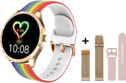 Belesy® BQSiRgRb PLUS - Smartwatch Dames – Smartwatch Heren - Horloge - 1.28 inch - Kleurenscherm - Stappenteller - Bloeddruk - Hartslag - 75+ Wijzerplaten – Sporten – Rose Goud - Milanees staal - Siliconen – Regenboog - Roze - Kerstcadeau — thumbnail 1