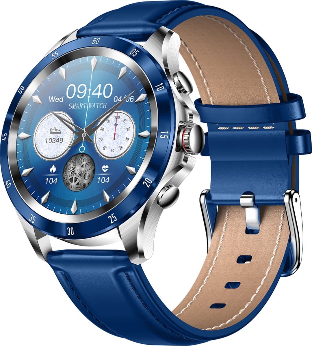 Darenci Platinum Pro Smartwatch Heren – Zilver/Blauw – Leren Band – Bluetooth Bellen & Muziek – Hartslag-, Bloeddruk- & Zuurstofmeter – IP67 Waterdicht – Luxe Activity Tracker — afbeelding 1