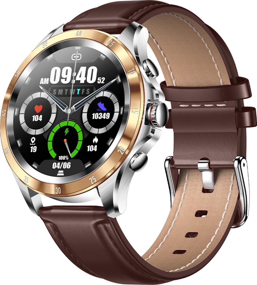 Darenci Platinum Pro Smartwatch Heren – Goud/Bruin – Bluetooth Bellen & Muziek – Hartslag-, Bloeddruk- & Zuurstofmeter – Leren Band – IP67 Waterdicht – Luxe Activity Tracker — afbeelding 1