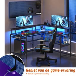 Gaming Bureau met LED Verlichting - 136x118x88 cm - L-Vormig Hoekbureau met Stopcontact - Stopcontact - Gaming Desk - Computer Tafel - Gaming Tafel - Zwart Bureau voor Gamen, Studeren en Werken — thumbnail 4