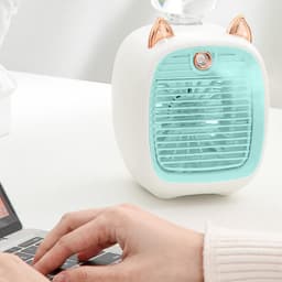 Mini Ventilator - USB - Fan - Tafelventilator - in - lamp - oplaadbaar - kantoor, slaapkamer en zomer - luchtkoeler met verneveling en nachtlampje - Draagbare 3 - 1 tafelventilator met luchtkoeling, luchtbevochtiger en led - 3 snelheden - Blauw — thumbnail 5