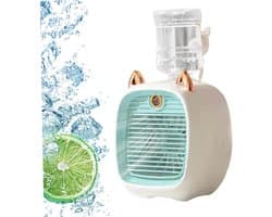 Mini Ventilator - USB - Fan - Tafelventilator - in - lamp - oplaadbaar - kantoor, slaapkamer en zomer - luchtkoeler met verneveling en nachtlampje - Draagbare 3 - 1 tafelventilator met luchtkoeling, luchtbevochtiger en led - 3 snelheden - Blauw