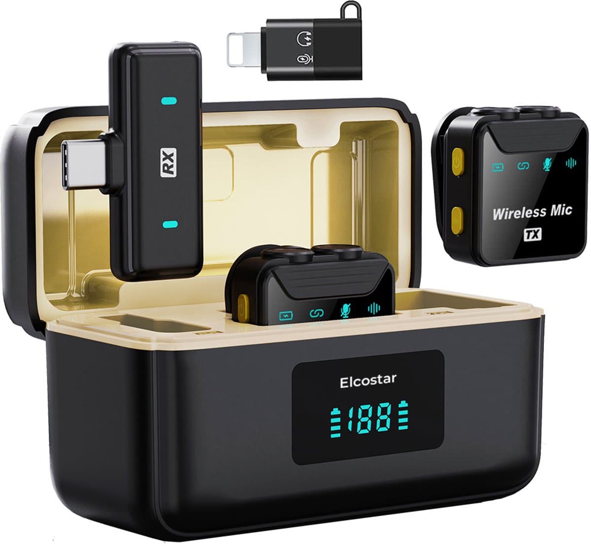 Elcostar© Draadloze Microfoon Pro - 2 Stuks - Draadloos - Oplaadcase - Lavalier - Windshields - Dasspeld - Plug & Play - Lange Batterij - USB-C & Lightning - Noise Cancellation — afbeelding 1