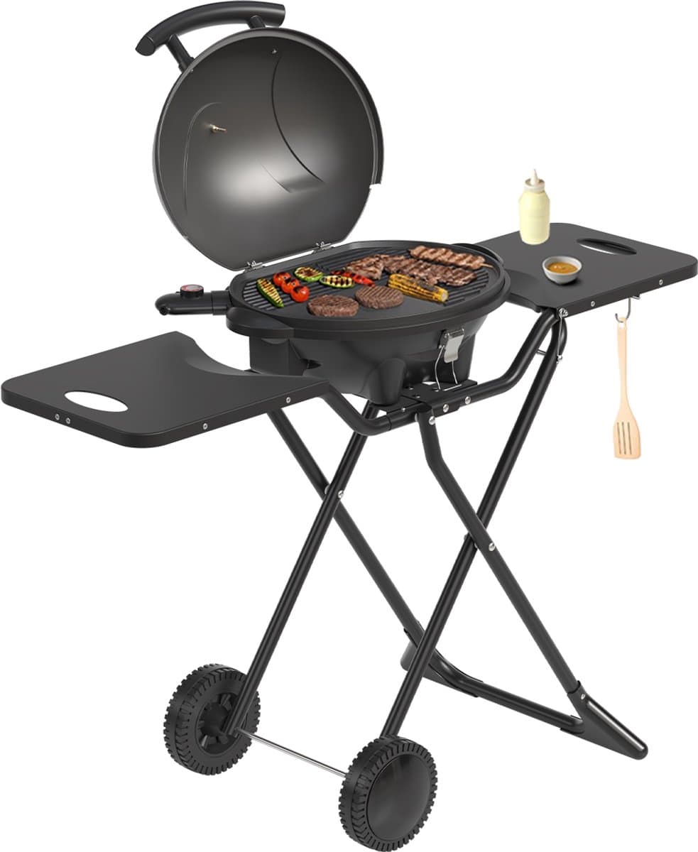 KitchenBrothers Elektrische BBQ - Opvouwbaar - Barbecue met Wielen - Anti-aanbaklaag - Zijtafels - tot 250°C - 2400W - Vaderdag Cadeau - Zwart — afbeelding 1