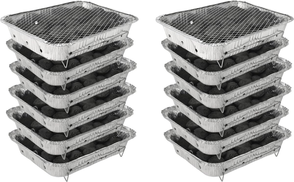 Wegwerp Barbecue met Houtskool – 12 Stuks – Instant BBQ voor Camping, Balkon, Picknick of Festival – Inclusief Rooster – Houtskool BBQ – BBQ Kopen — afbeelding 1