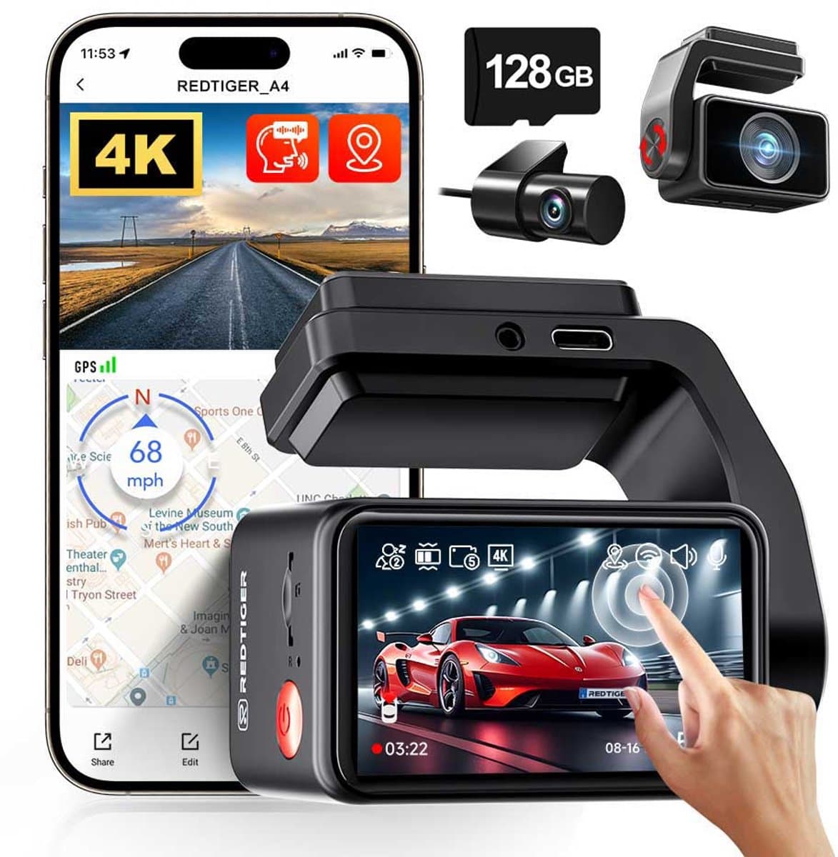 Redtiger F4 Pro 4K Touch Wifi Gps 2CH 128gb dashcam - Sony Starvis 2 sensor - 2,2 inch touchscreen Lcd - Wifi - Gps - Parkeermodus - 4K + Full HD resolutie - 128gb Micro SD kaart - dashcam voor auto — afbeelding 1