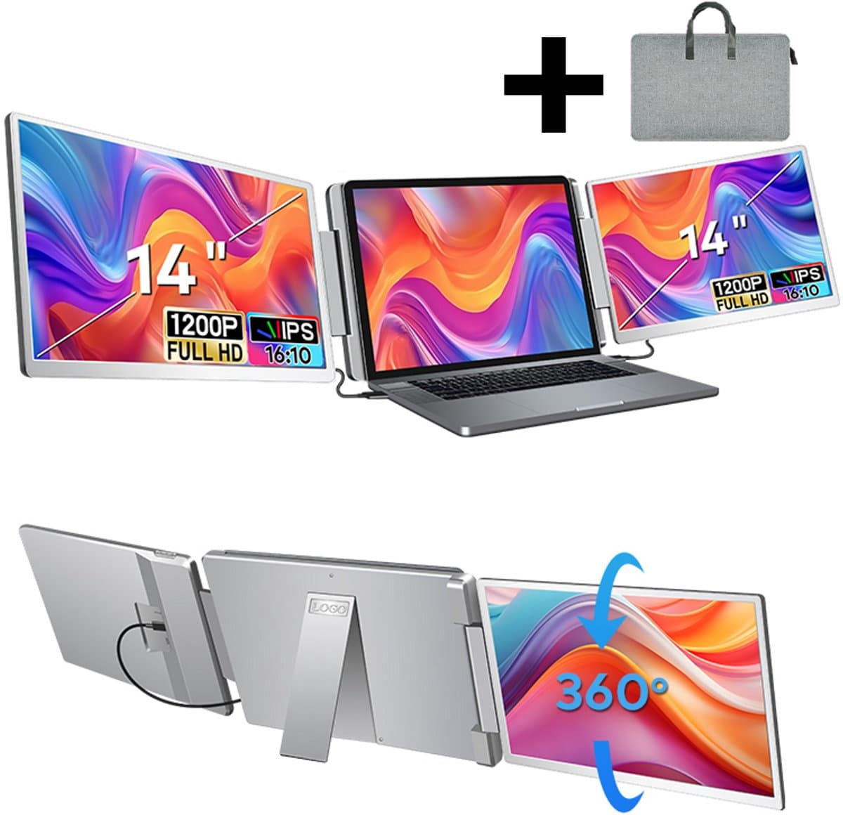 Stemap® Flex Portable Monitor Triple 14'' - Full HD 1920X1200P - Geschikt Voor 12” / 17” Tri-Screen - Laptop Scherm Uitbreider - Inclusief Beschermhoes en Kabels - 2 Jaar Garantie — afbeelding 1