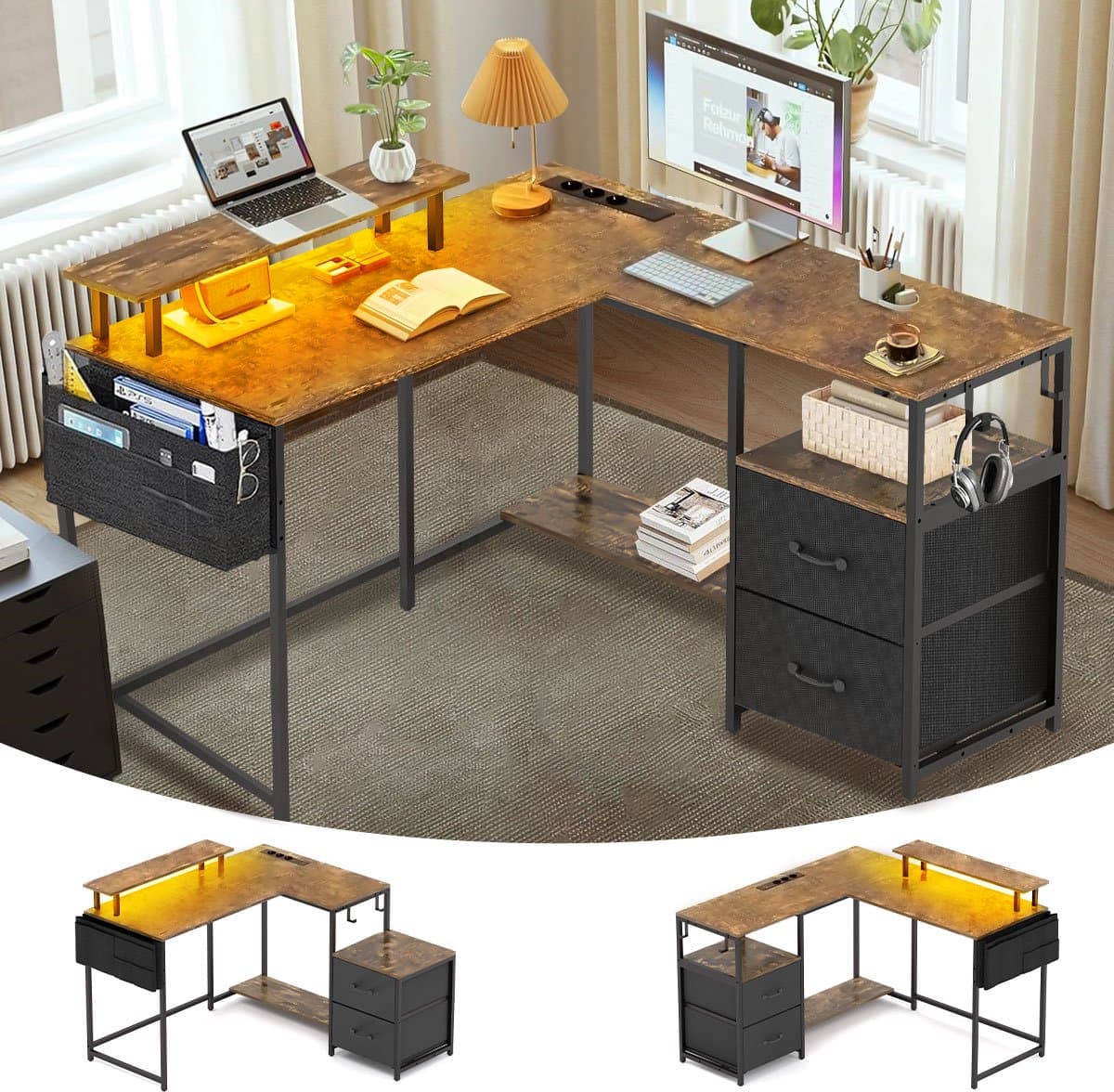 Gaming Bureau met LED Verlichting - 120x120x75cm - L-Vormig Game Bureau met Stopcontact - 2 Non Woven Lade - Gaming Desk - Computer Tafel - Gaming Tafel - Bureau voor Gamen, Studeren en Werken - Vintage Bruin — afbeelding 1