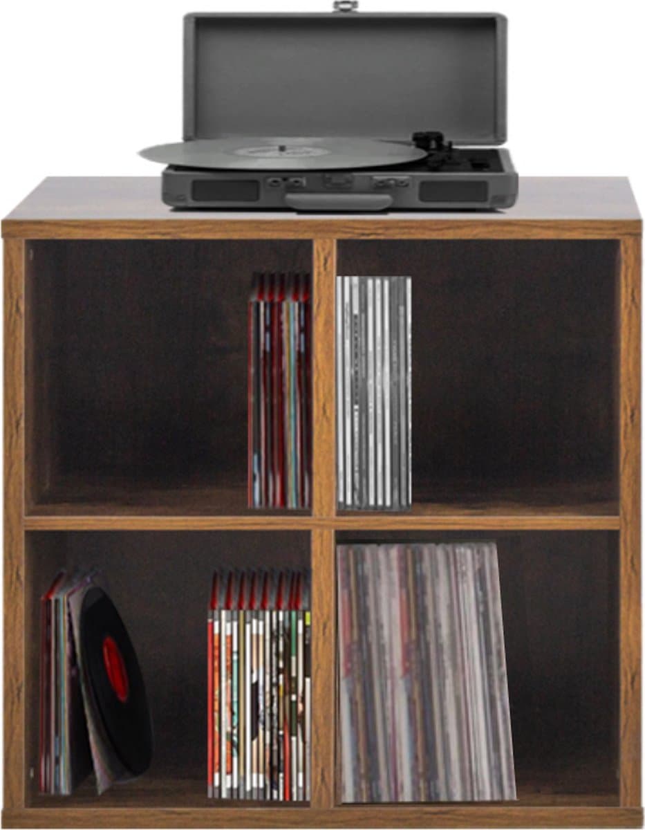 VDD Vinyl - Platenspeler Meubel - Lp kast - Vinyl kast - Platenspeler kast - Lp meubel - Platen kast - Vinyl opberg systeem - Lp platen opbergkast - Opbergen lp vinyl platen - Vinyl opbergkas - Vinyl houder - 4 open vakken - 70 x 70 x 34 cm - bruin — afbeelding 1