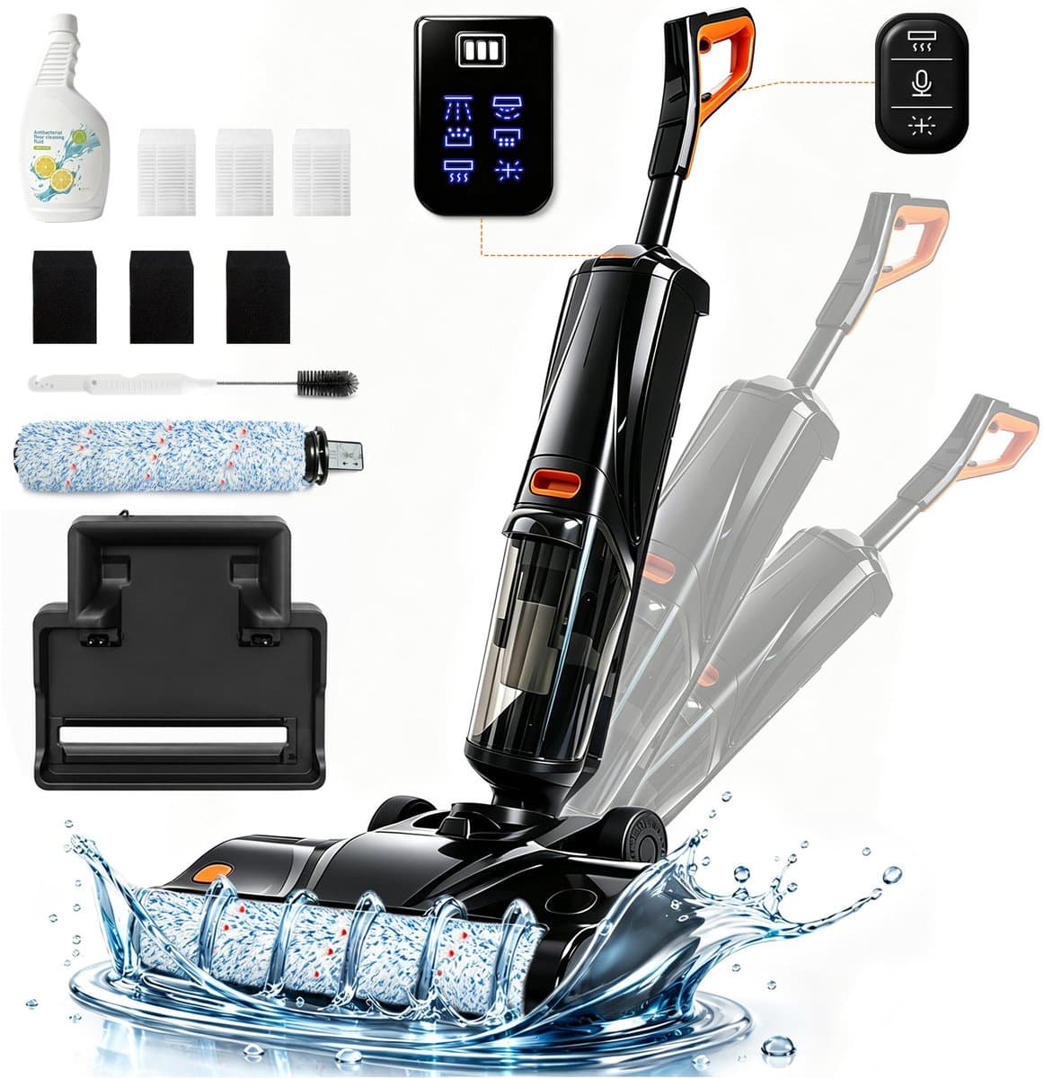 Grenintol Vloerreiniger 3-in-1 – Nat- en Droog Stofzuiger – Met Dweilfunctie – 15kPa – 180° Platliggend – Zelfreiniging met Geëlektrolyseerd Water – Automatische Droging – Dubbelzijdige Randreiniging – 35 Min Accuduur – Oranje — afbeelding 1
