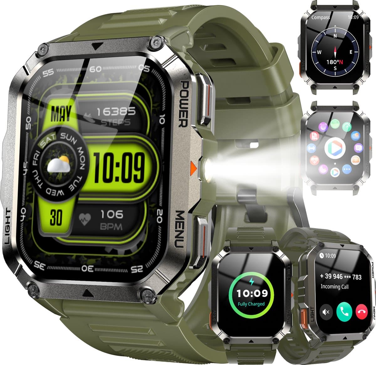 Robuuste Militaire Smartwatch voor Heren – Sporthorloge - Bluetooth - Bellen|opnemen - Bloeddrukmeter - SpO2 - 2,01-inch scherm - Fitnesstracker - stappenteller meter - Outdoor Smartwatch - Geschikt voor iOS/Android - Groente — afbeelding 1