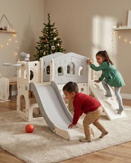 Kinderslide met Ladder, Platform, Kruiptunnel, Klimhelling, Basketbalring & Speelgoedtelescoop, Binnen en Buiten Speelset voor Peuters en Kleuters(Grijs) — thumbnail 5