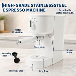 Espressomachine - Pistonmachine - 15 Bar Italiaanse Pomp - PID Temperatuurregeling 1500W - Pre‑infusie - 58mm Siebträger - Met Stoompijpje - 1,5L Afneembare Watertank - Compact Wit - Coffee Machine - voor Cappuccino en Latte - Thuis en Kantoor — thumbnail 3