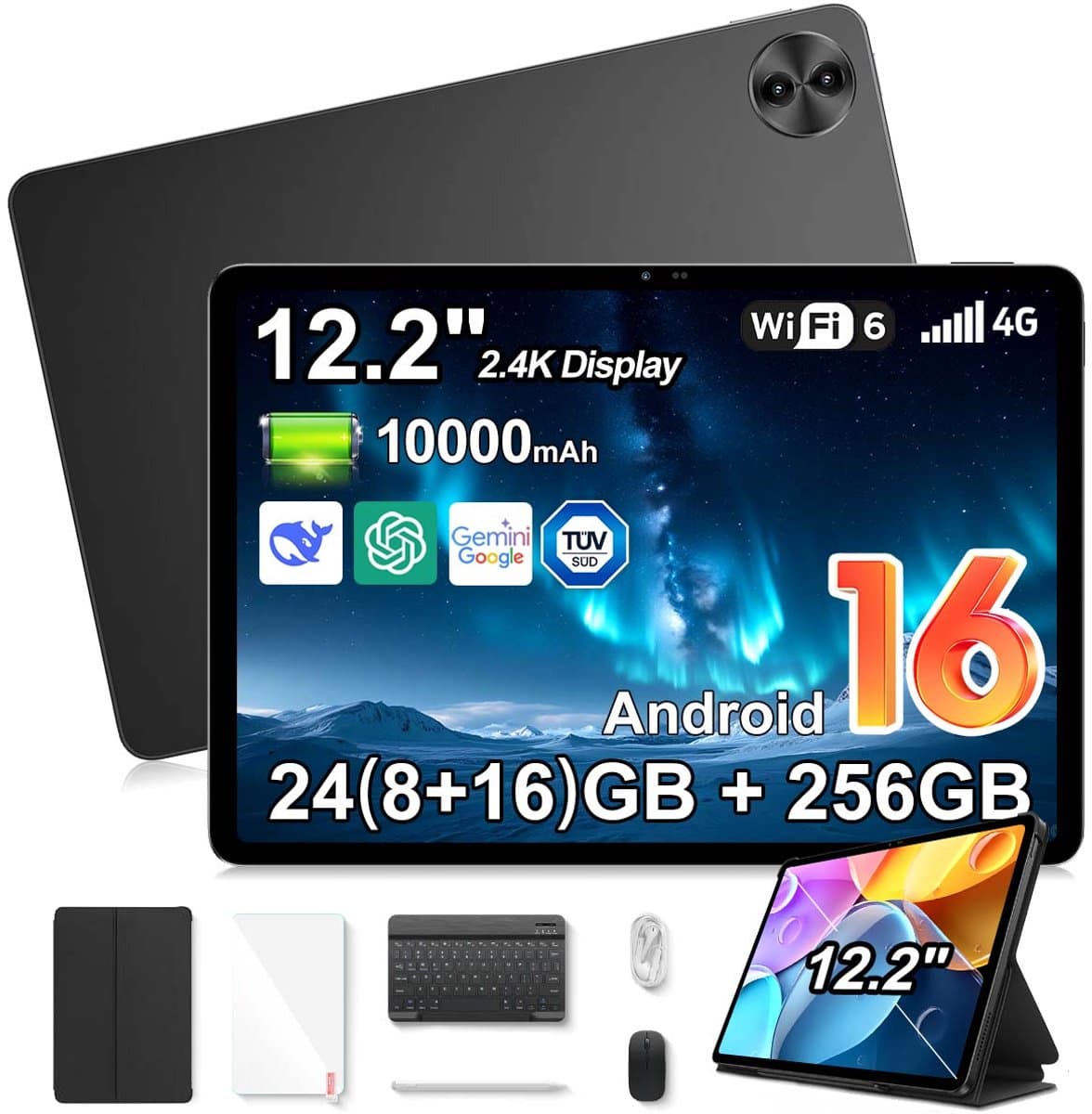 Tablet Blackview Mega 5 - 12,2 inch 2,4K IPS 120 Hz - Android 16 - 24 GB (8+16) RAM, 256 GB ROM - 10000 mAh 55W - WiFi 6 - 1080P Widevine L1 - Zwart — afbeelding 1