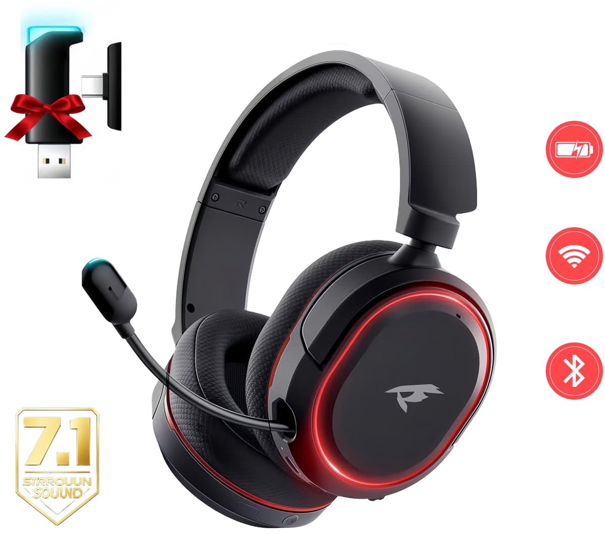 Picun G2 - Gaming Headset-Over Ear Koptelefoon Draadloos- met Retractable ENC microfoon-7.1 Surround Sound- Bluetooth 5.3- Multiplatform vor PC/PS5/PS4/Switch- Zwart rood — afbeelding 1