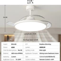 Deniva - Plafondventilator Met Verlichting - Afstandsbediening - Verstelbare Verlichting/Snelheid - Energiebesparend - 121Cm - Wit — thumbnail 4