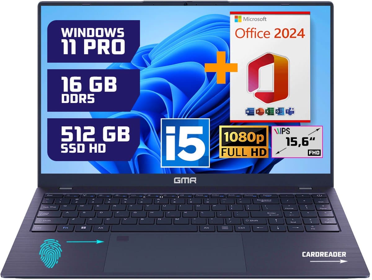 Krachtige 15.6" Full HD Notebook | Snelle Intel Core i5 & 512GB SSD | 16GB DDR5 Geheugen | Windows 11 Pro Editie + Office 2024 voor Zakelijk, Thuis en Studie — afbeelding 1