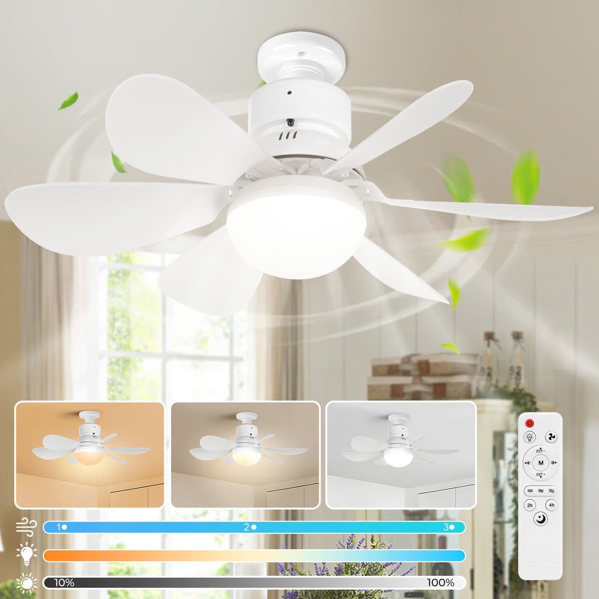 MUPOO Plafondventilator met verlichting met Afstandsbediening - Ø52 cm - Dimbaar - 3 CCT Lichtkleuren - 3 Snelheden - Timer - Geheugenfunctie - E27 Fitting - Compact - Slaapkamer Keuken Woonkamer Garage (Wit) — afbeelding 1