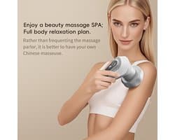 Moederdag Deze grijze fascie-massager is een full-body massager die kan worden gebruikt om de huid te verstevigen. Hij is uitgerust met vijf verwisselbare massagekoppen en biedt negen instelbare intensiteitsniveaus.