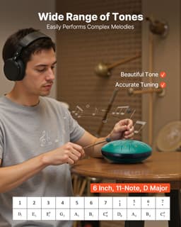 VEVOR Tongue Drum, 165 mm, 11-Tonige Rain Drum, D-Majeur Muziekdrums met Muziekboek En Mallets, Stalen Tongdrum, Stalen Pan, voor Meditatie, Yoga, Beginners, Muzieklessen, Groen — thumbnail 3