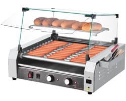 Elektrische Hotdog Machine - Rollergrill - 11 Rollen - 2200 W - Met Deksel - 2 Temperatuurregelaars - RVS Behuizing - Uitneembare Lekbak