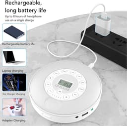 Draagbare cd-speler - met luidsprekers en schokbestendig ontwerp - Oplaadbare cd/cd-rw/mp3-speler - Ondersteunt AUX- en USB-aansluitingen - Geschikt voor thuis, in de auto en op reis - Wit ontwerp - Met afspeelgeheugen (geen Bluetooth-versie) — thumbnail 2