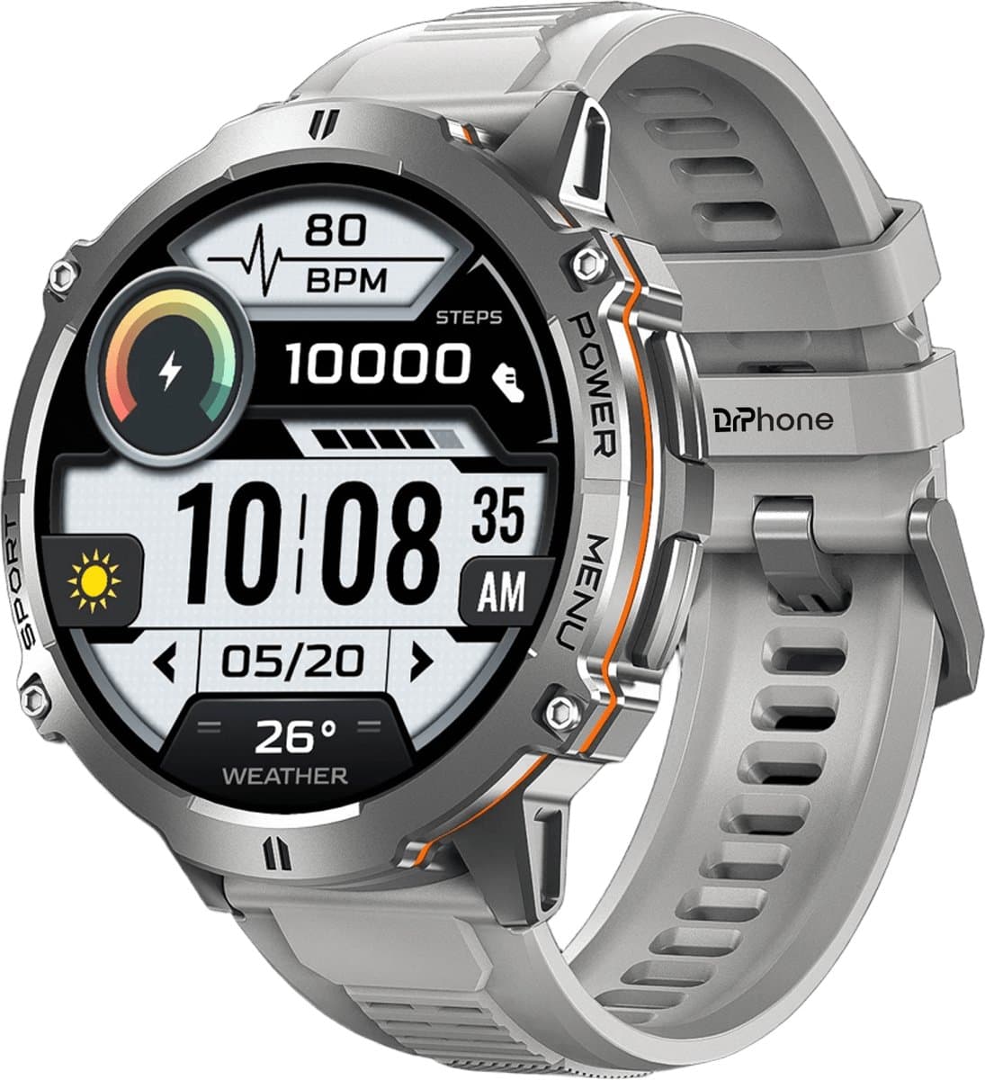 DrPhone ChronaX Max Rugged Smartwatch – 1.73” AMOLED – 100 Dagen Batterij – BT Bellen – SpO2 – GPS Tracking – 100+ Sportmodi – Roestvrij Stalen, PU Leren En Siliconen band - Zilver — afbeelding 1