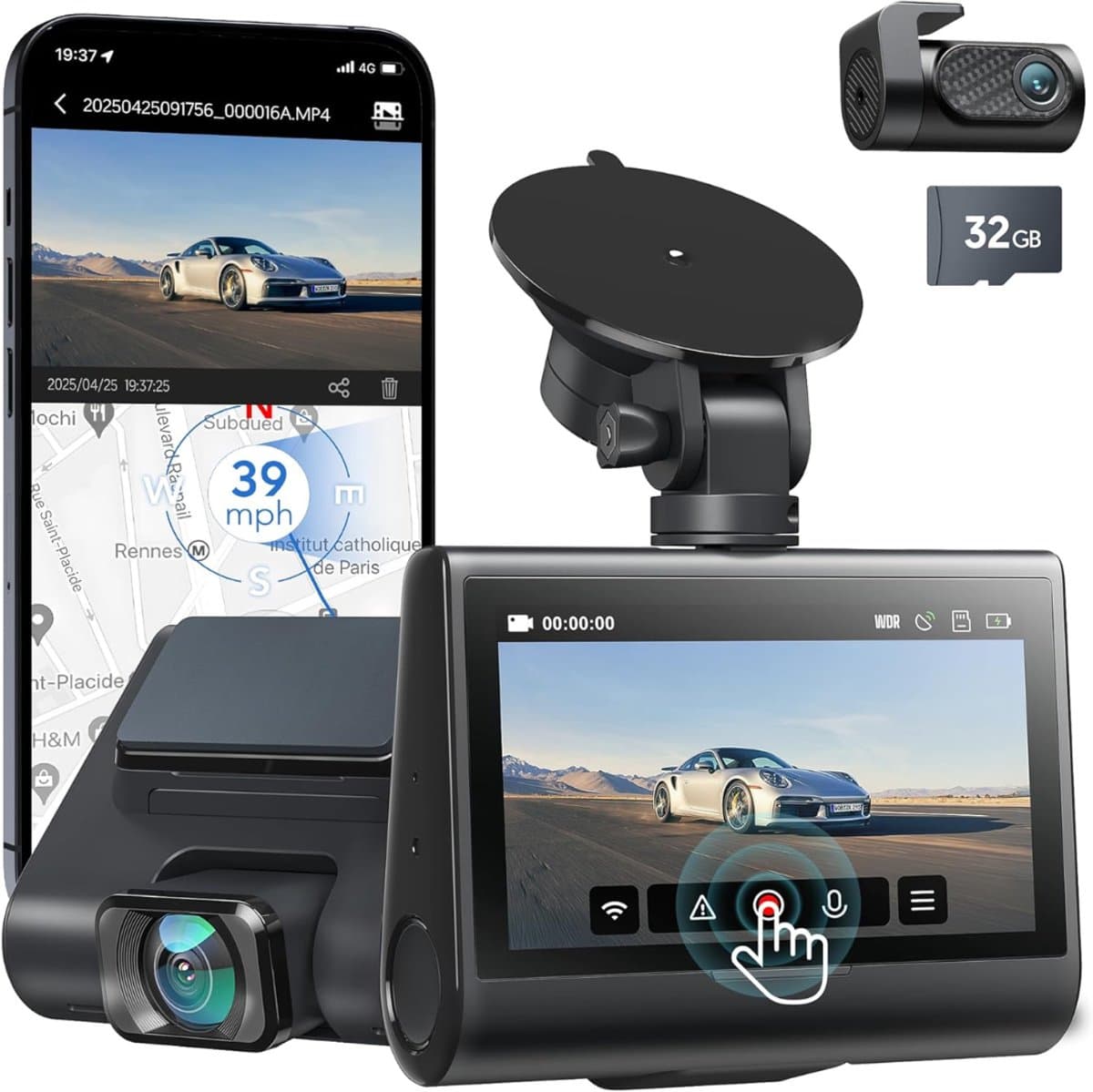 VH Supplies® Dashcam voor Auto - Dashboard Camera - Voor en Achter Camera - 4K + 1080P - 32 GB SD-kaart — afbeelding 1