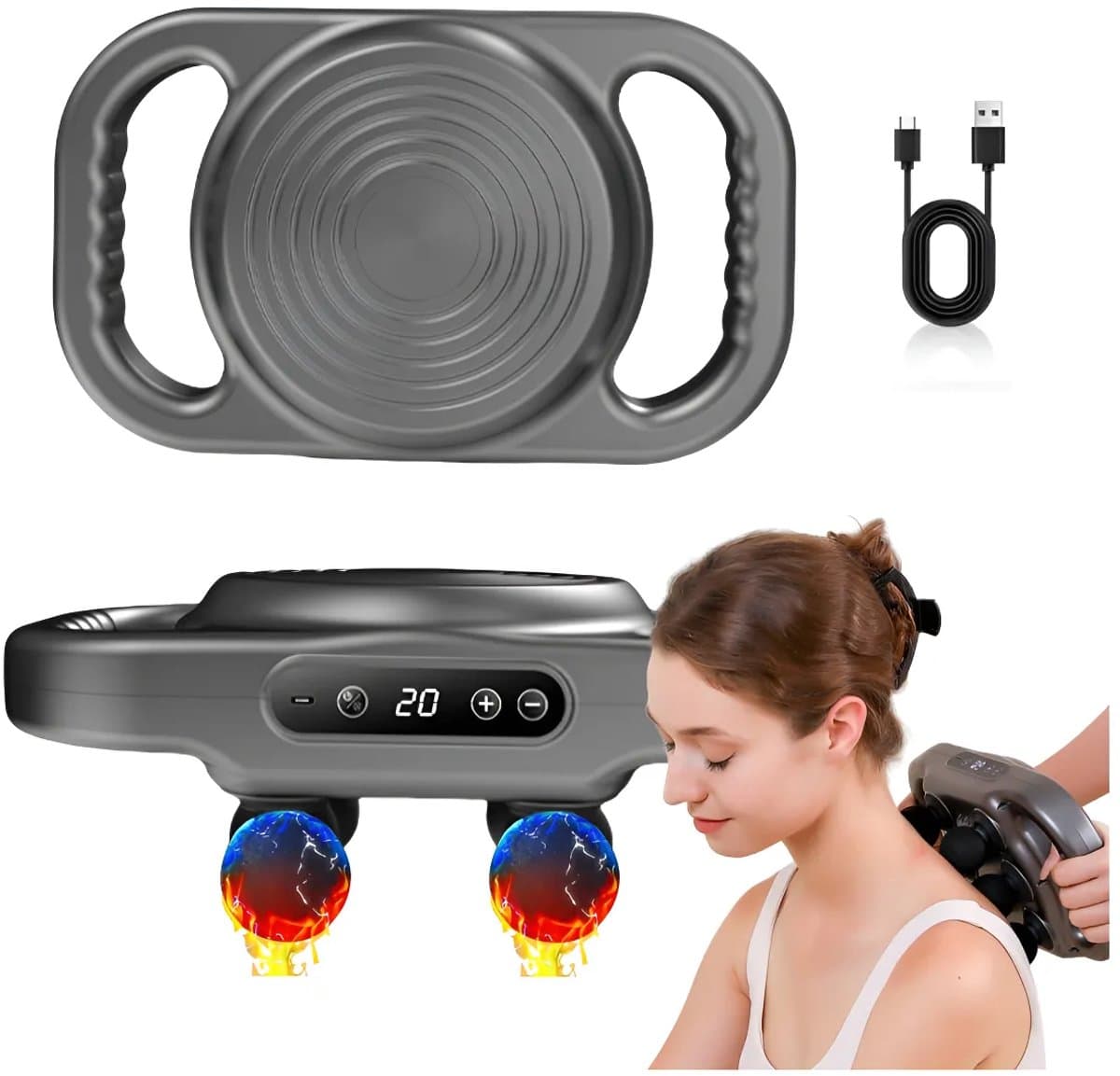 Massagepistool - massage gun - spiermassage apparaat - fascia gun - 6 koppen - 9 modi - 20 intensiteitsniveaus - LCD display - automatische timer 10 min - oplaadbaar 2000 mAh - grijs — afbeelding 1
