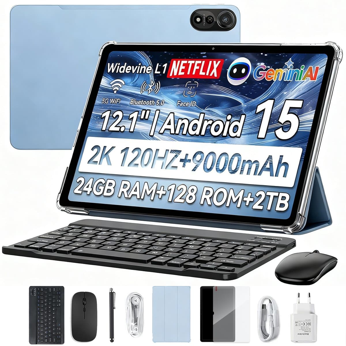 Blackview MEGA 2 Tablet Sets - 4G LTE+WiFi - 12 Inch - 24GB RAM - 128GB - Met Toetsenbord(QWERTY), Beschermhoes, Muis, Stylus - Android 15 - Widevine L1 - 9000mAh - Blauw — afbeelding 1