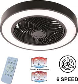Plafondventilator Fiato Ø 50 cm - metalen ventilator - ventilator voor laag/schuin plafond - top kwaliteit - stil - energie zuinig - 6 snelheden - warm wit licht 2700 Kelvin - 3 step dim - zomer en winter stand - zwart — thumbnail 3