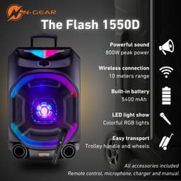 N-GEAR THE FLASH 1550D - karaoke set - 15" Woofer - Bluetooth - LED Lichtshow - Draadloze Microfoons - 800W — thumbnail 3
