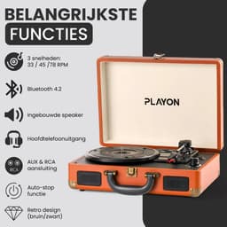 Playon Platenspeler - Platenspeler bluetooth - Platenspeler retro - Ingebouwde Speakers - Retro - Bruin — thumbnail 3
