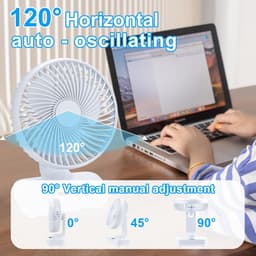 Zakventilator - Draagbare USB-bureauventilator - Ultrastille automatische oscillatie 120° - Krachtige oplaadbare batterij van 4000 mAh - Mini-bureauventilator - 4 snelheden - Kleine ventilator voor thuis, slaapkamer en buiten - Wit — thumbnail 2
