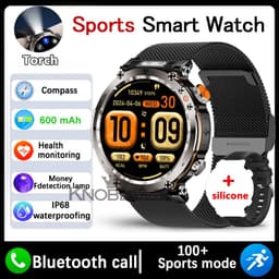 Knobbout 1.7" Scherm Outdoor Smartwatch – Digitale Kompas - LED & UV Licht -600mAh batterij - Bluetooth Bellen- IP68 Waterdicht -AI Spraakassistent - Gezondheid & Sportfuncties -Zwart staal + Siliconen Band — thumbnail 1