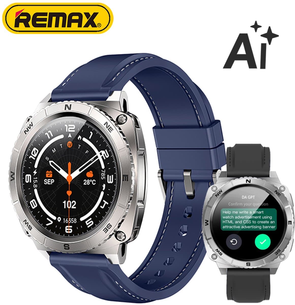 Remax WATCH22 - SmartWatch - Linkage Rotatable - IP68 - Chat GPT - Zilver — afbeelding 1
