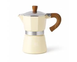 Adore Maison Barista – Moka pot 6 Kops – Beige met Houten Handvat – Traditionele Espressomaker voor Gas & Elektrisch