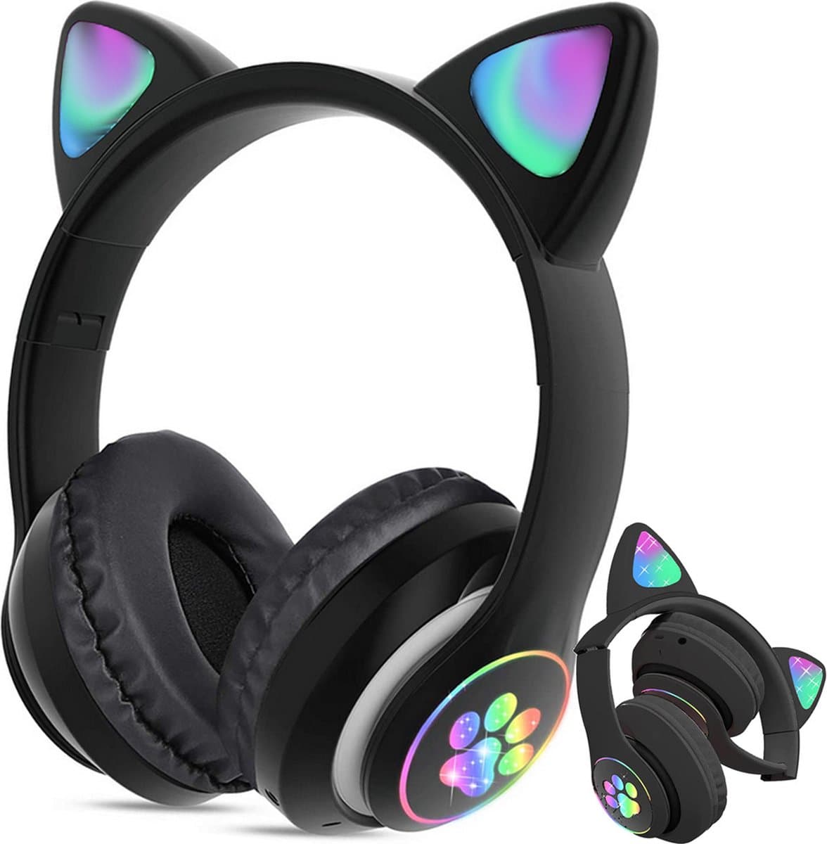 Kinder Koptelefoon - Hoofdtelefoon - Draadloos - Bluetooth - Kattenoortjes - LED - Zwart — afbeelding 1