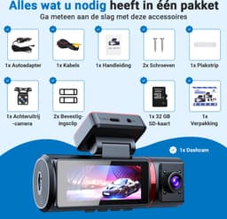 Fleau Tech 4K Dashcam voor Auto 3 in 1 - 2025 Model - Voor en Achtercamera – WIFI, APP & GPS – Groothoeklens – G-sensor – Parkeermodus – Loop Recording – SD-kaart 32 GB — thumbnail 2