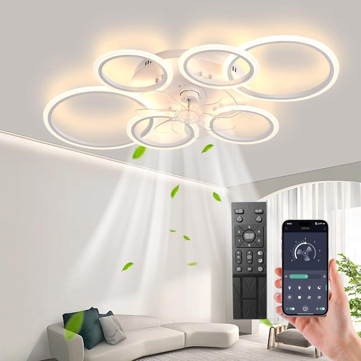 6 Ring Ventilator | Moderne Ringen LED Ventilator | Smart Lamp | 110 cm | Wit | Bedienbaar Met Afstandsbediening & APP | Kroonluchter | Moderne Ventilator Licht — afbeelding 1