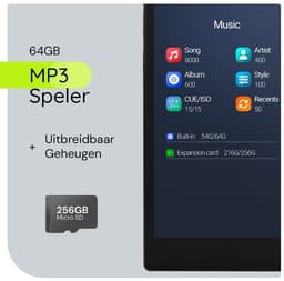 MP3 Speler HiFi met Bluetooth/Wifi - 64GB + 256GB SD Kaart - 3.5inch TFT - DSD256 Audio - C8 - Zwart — thumbnail 4