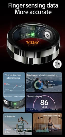 WizBay Premium Select® Smart Ring Zwart Zilver - Hartslag, Slaap, Bloeddruk, Zuurstof - Multi Sport Modi - Oplaadcase - Maat 8 — thumbnail 5