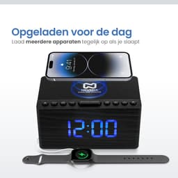Neveda Digitale Wekkerradio Met Draadloze Oplader Telefoon - Wekkers digitaal op netstroom - Klokradio Slaapkamer - Voor kinderen & Volwassenen - Zwart hout — thumbnail 3