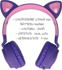 Kinder hoofdtelefoon - koptelefoon Bluetooth met led kattenoortjes purper - roze — thumbnail 2