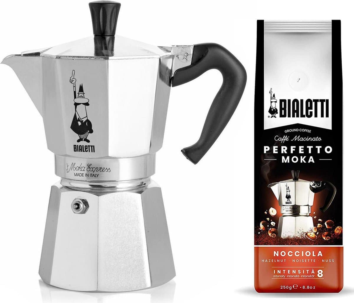 Bialetti Moka Express 6 kops + Bialetti Hazelnoot gemalen koffie 250gr — afbeelding 1