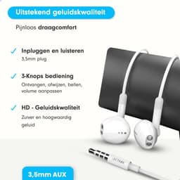 Oortjes met draad en microfoon - Oordopjes - 120CM kabel - 3,5MM Jack Aansluiting - Earphones Wired - Wit — thumbnail 2