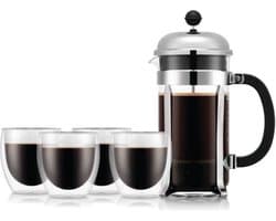 French press koffiezetapparaat - BODUM - CHAMBORD SET - 8 kopjes 1,0 l + 4 dubbelwandige PAVINA glazen 25 cl