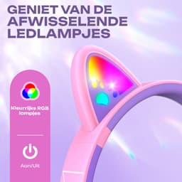 PowerLocus Bobo - Draadloze Koptelefoon voor Kinderen - Bluetooth koptelefoon - 74/85/94dB Volumebegrenzing - Katten Oortjes - Led Verlichting - Paars/Roze — thumbnail 3