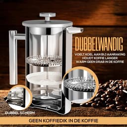 Roestvrij staal FRENCH PRESS/Franse Pers Koffiezetapparaat 34oz (1.0 Liter) met 3 Niveau Filtersysteem - Dubbelwandige Geïsoleerde Cafetière met 1 Extra Filter (Zilver) — thumbnail 3